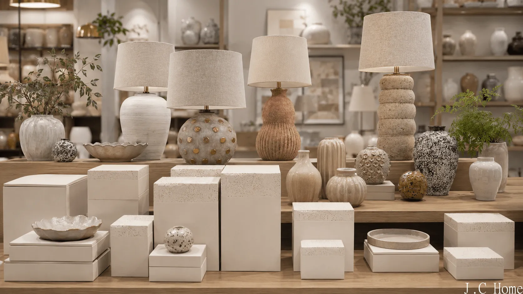 Retail display of coordinated ceramic lamps, vases, pots, tabletop accessories, and matching clean packaging boxes in a modern home decor store.
