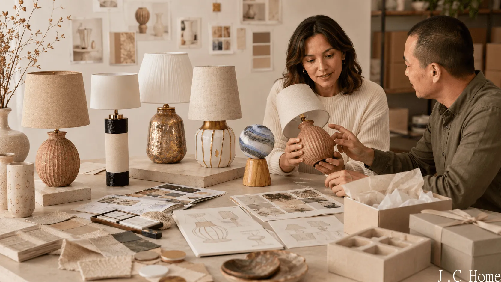 Buyer and lighting manufacturer reviewing custom lamp samples, packaging options, and design references