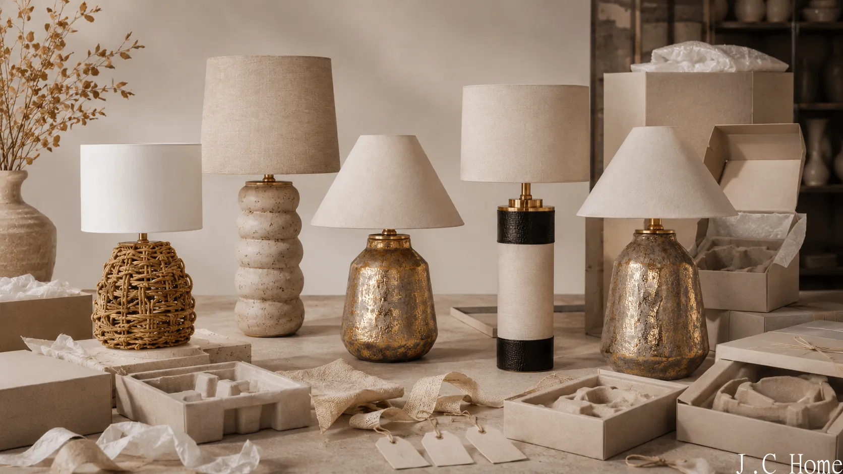 Bespoke lighting planning table with custom table lamps, material swatches, sketches, and packaging samples
