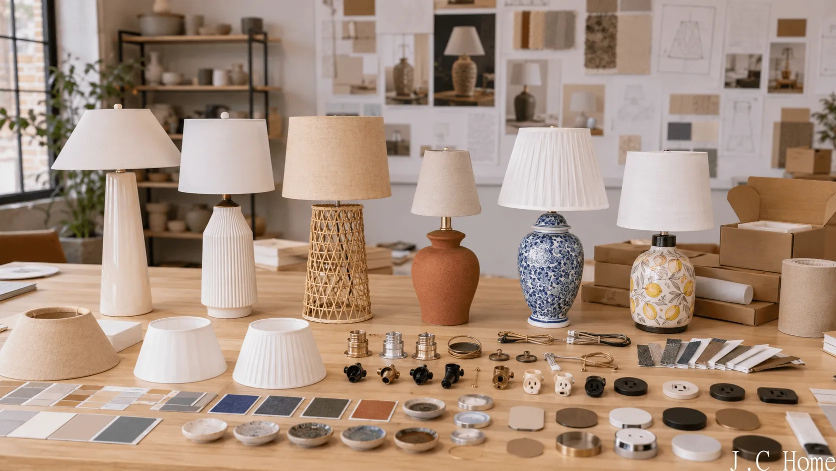 Custom table lamp development table with finishes, shades, switches, and packaging samples.