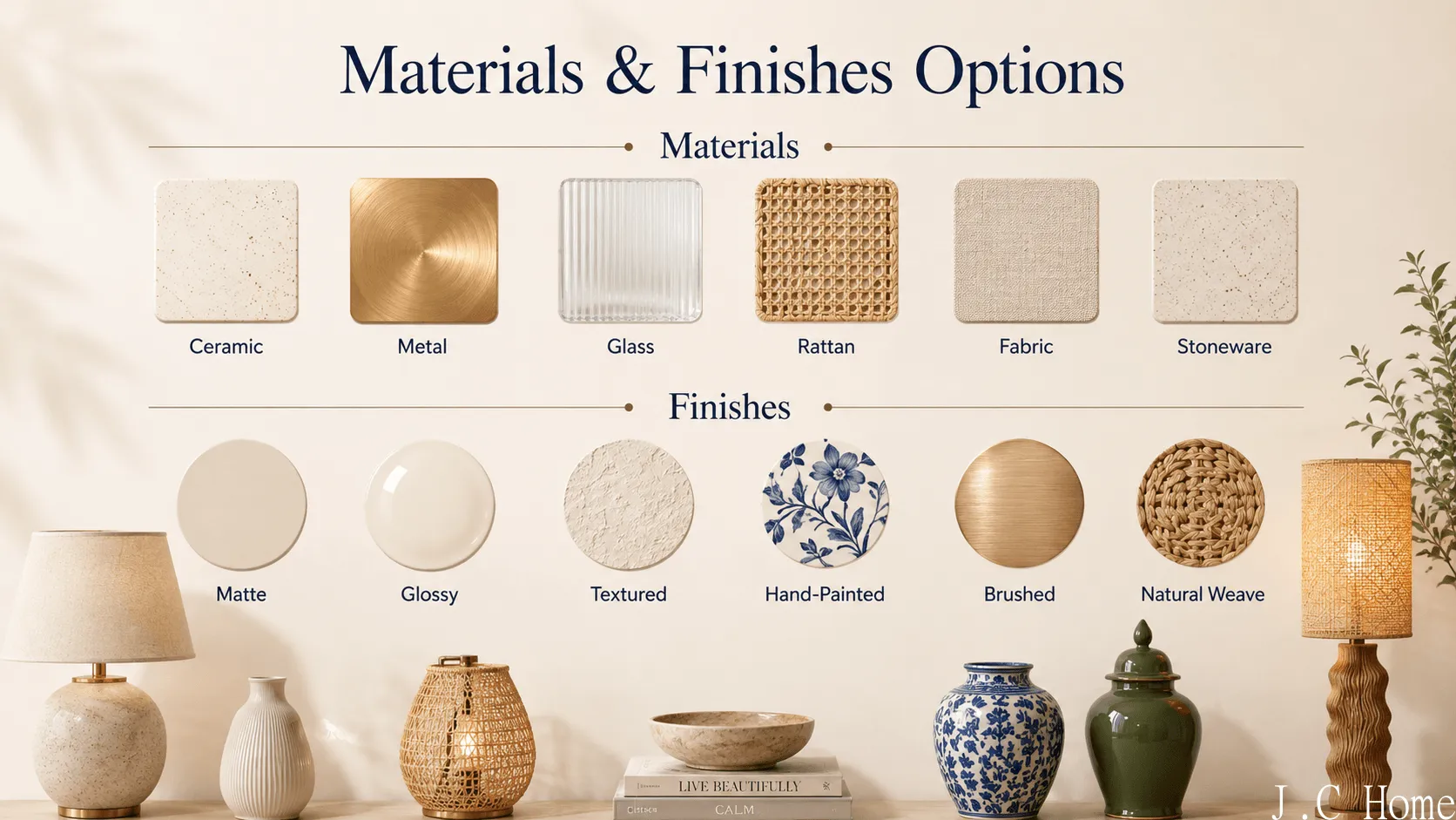 Various material and finish swatches offered by an OEM home decor manufacturer, including ceramic, brushed metal, ribbed glass, rattan, linen fabric, matte, glossy, and hand-painted finishes.