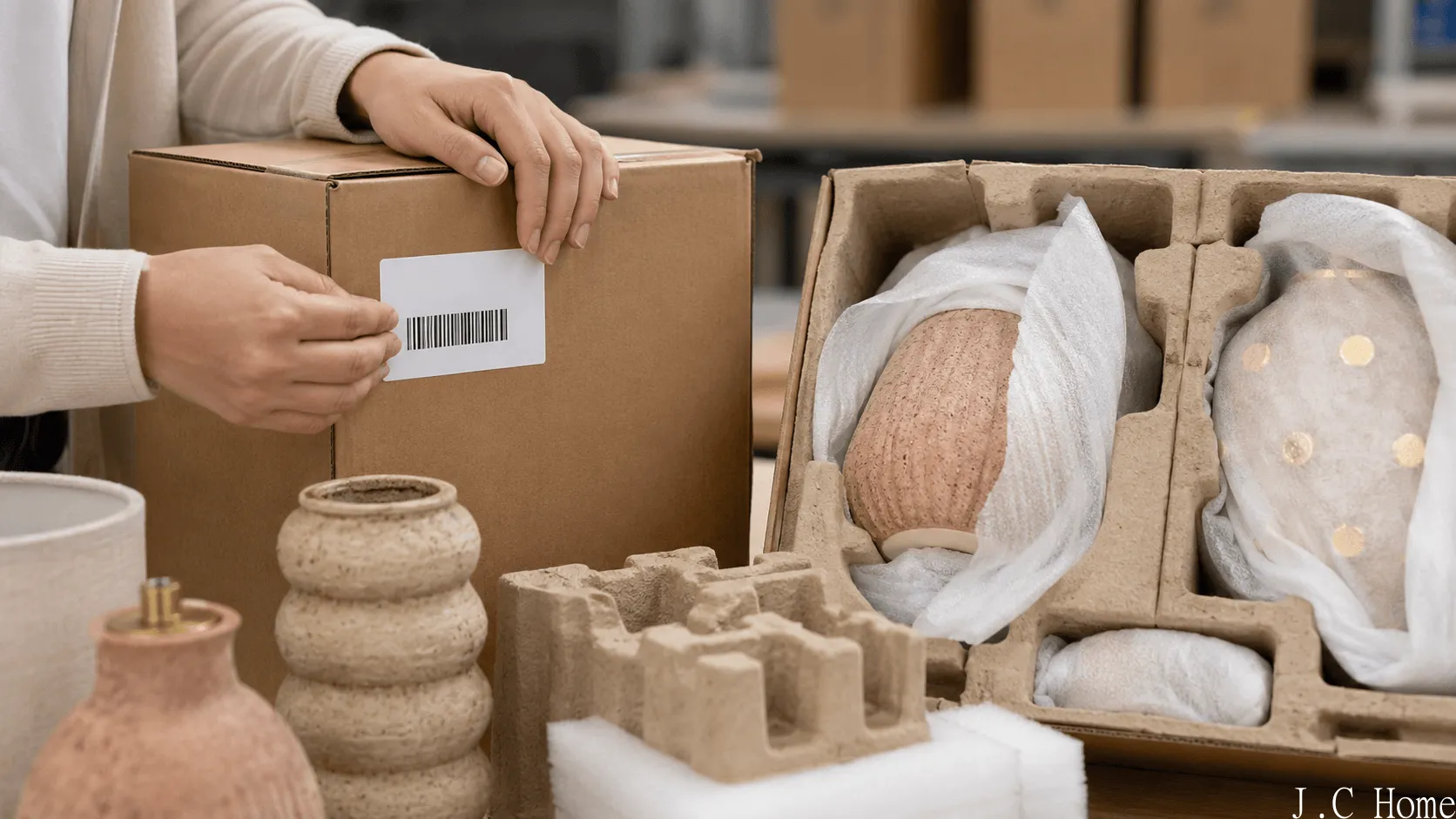 Hands checking a carton label and barcode area beside molded protective inserts and wrapped ceramic home decor products.