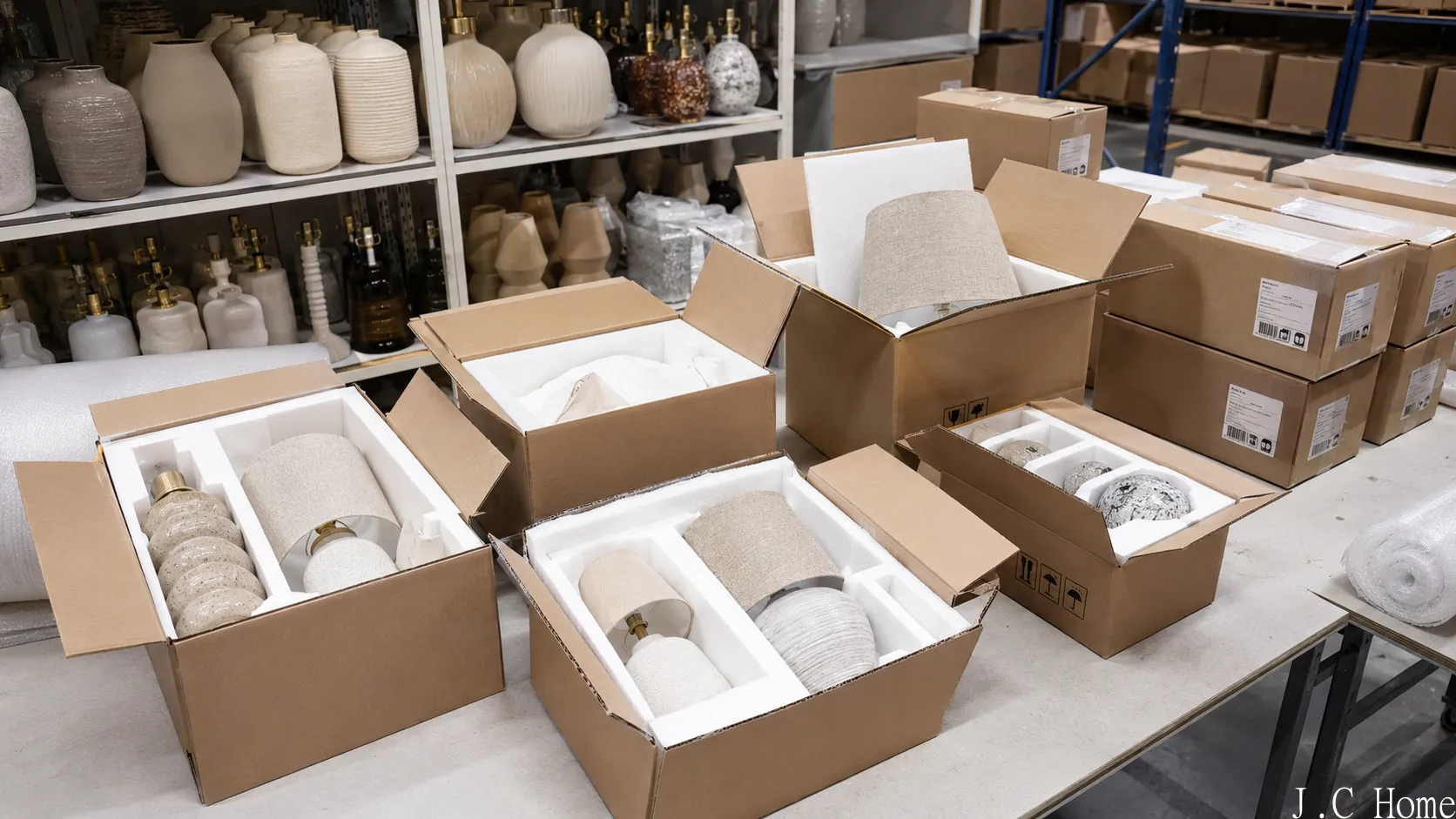 Protected ceramic vases and lamp bases packed in clean cartons with cushioning materials for export logistics