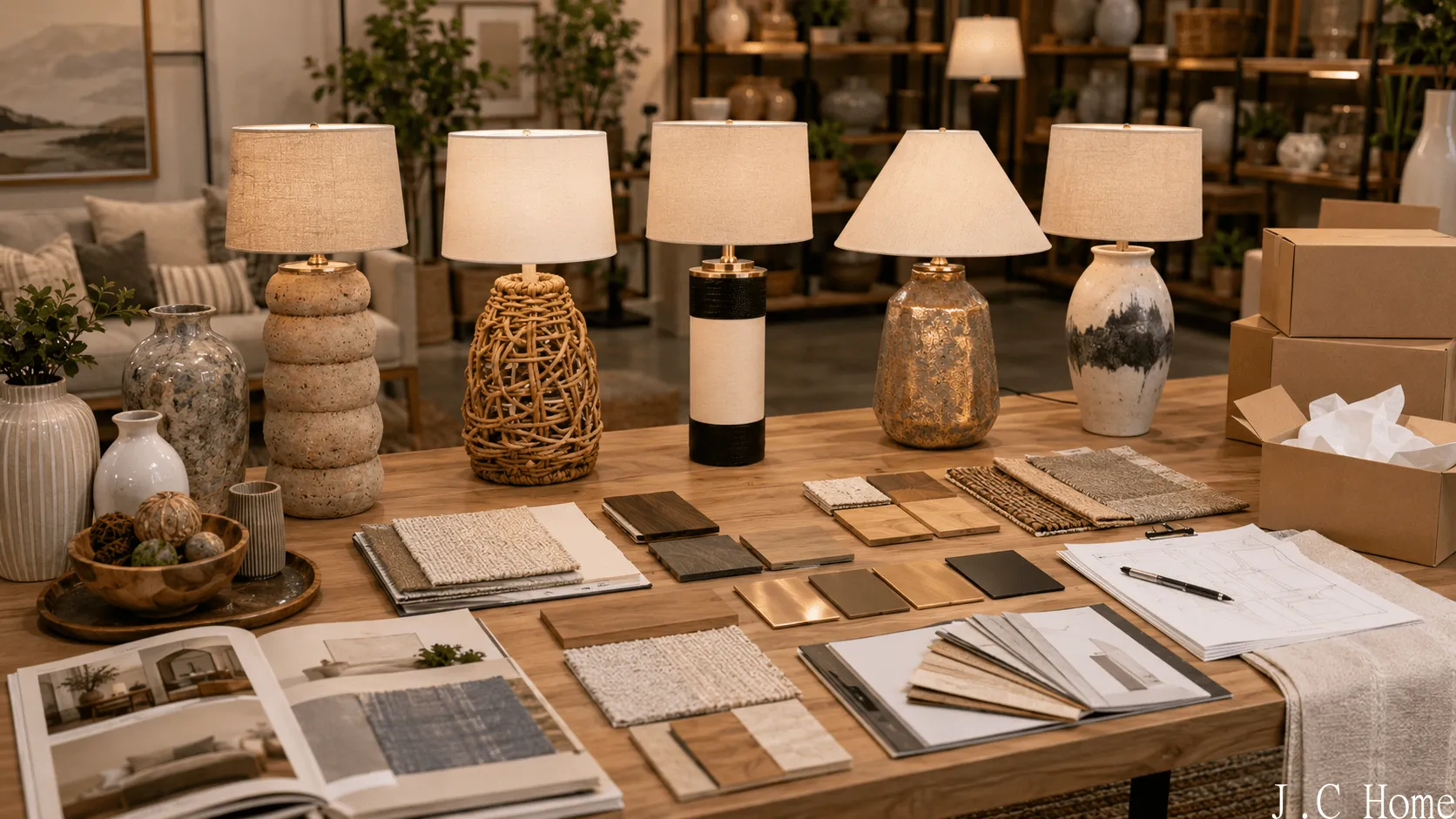 Floor lamp samples with shade fabrics, finish chips, packaging boxes, and product development materials