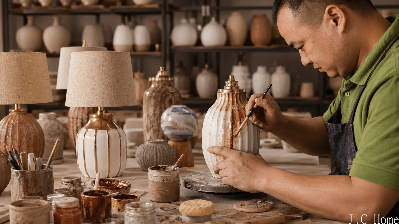 Artisan painting a ceramic lamp base in a custom lighting workshop