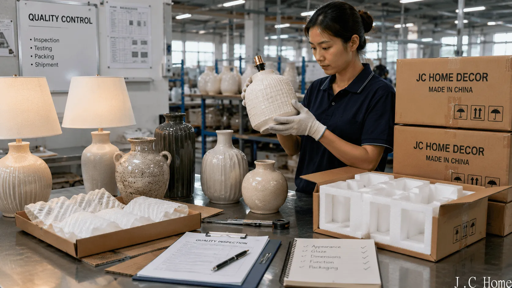 Worker checking ceramic lamp base with vases, cartons and quality inspection notes nearby