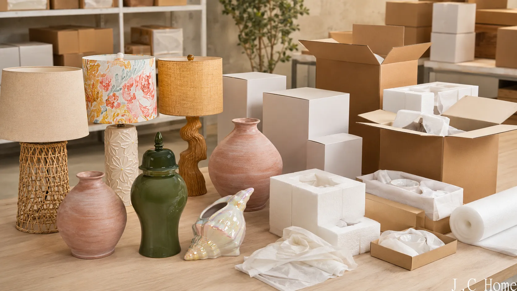 Trade home decor supplier packaging scene with lamps, ceramic vases, protective foam, cartons, and bulk order preparation.