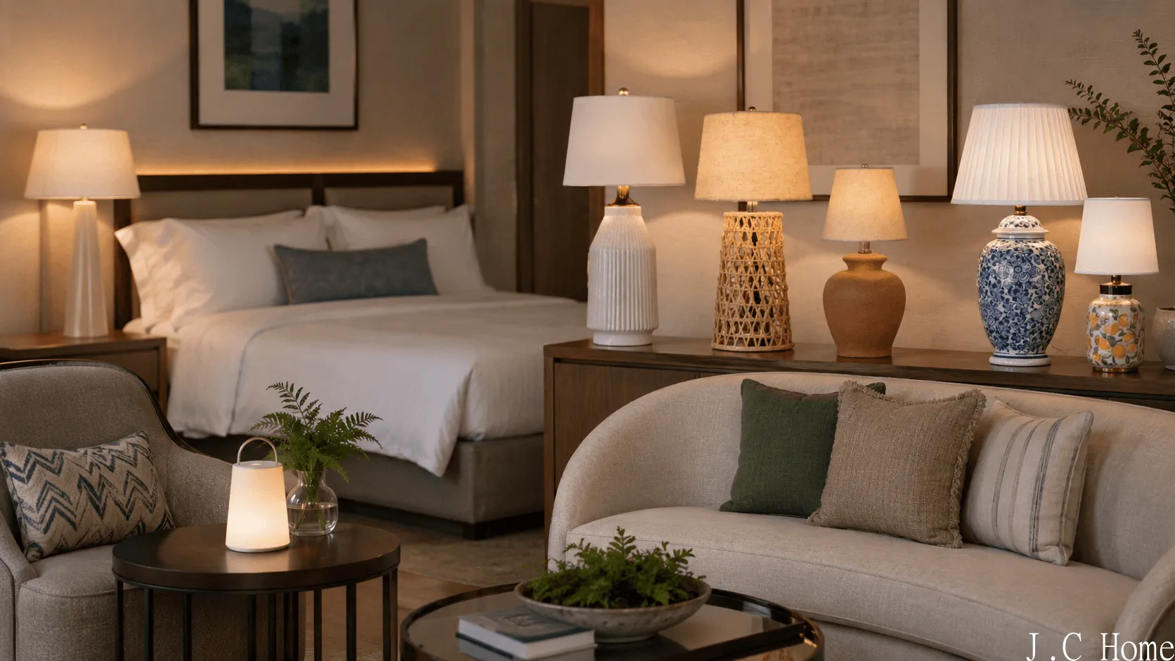 Hotel table lamps and rechargeable cordless lamps styled for guest rooms and lounge spaces.