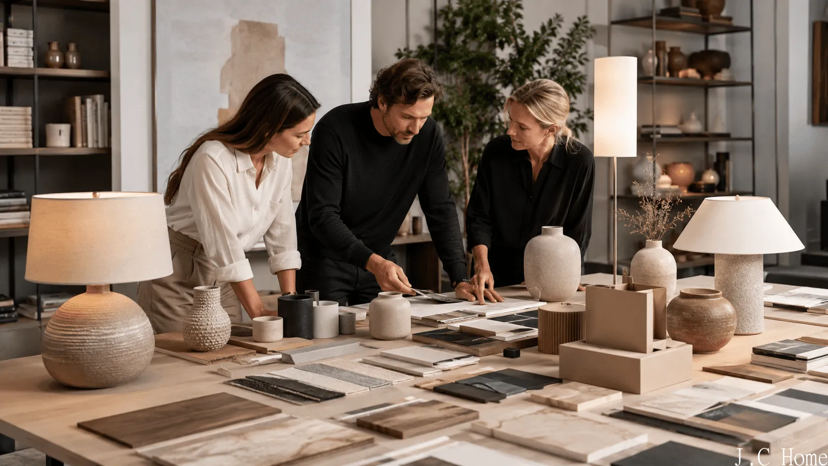 Interior design team reviewing ceramic lamps, vases, finish swatches, packaging mockups, and lighting samples on a studio table