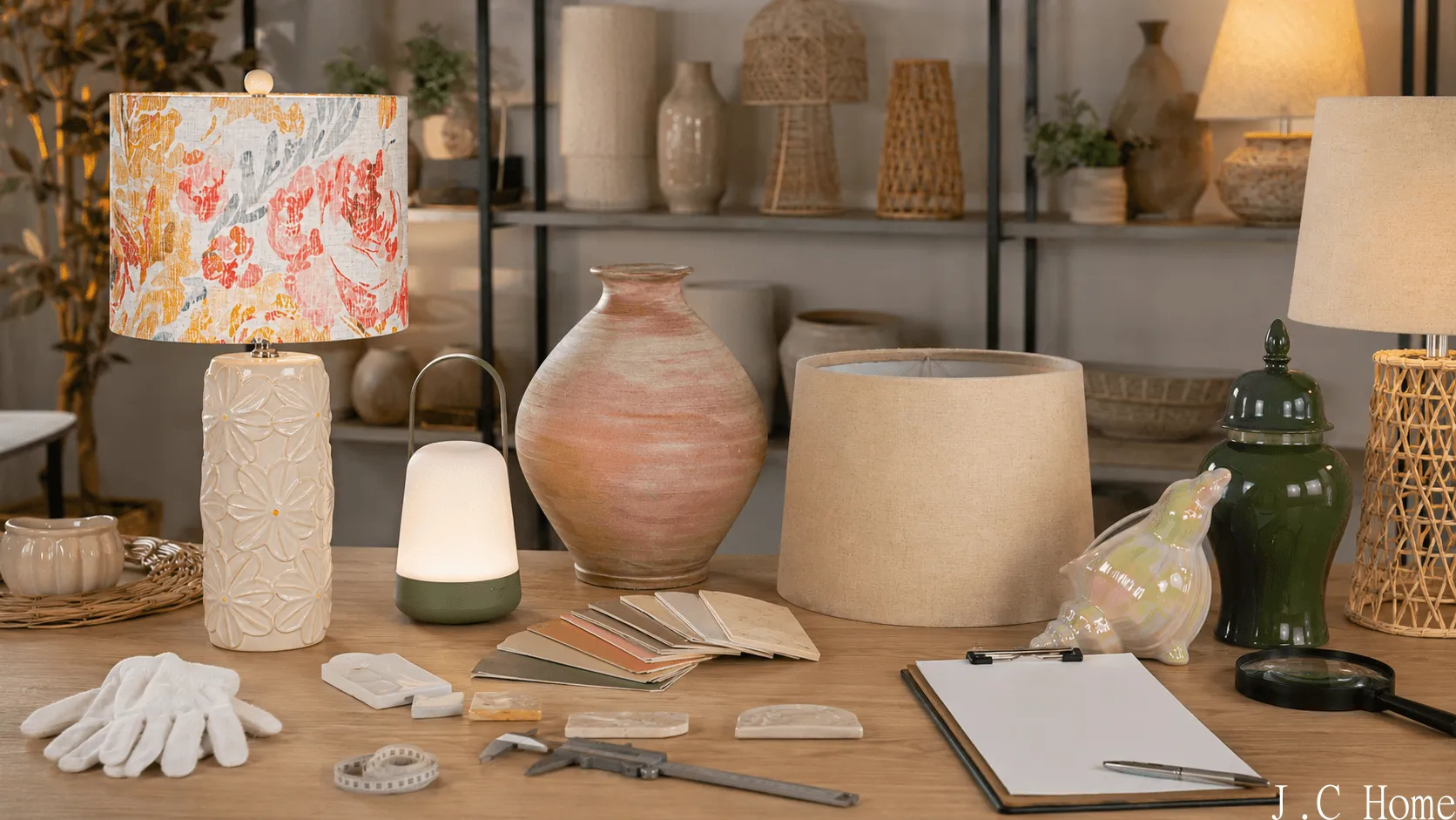 Trade home decor supplier product development table with custom lamps, ceramic decor, material samples, color cards, and design boards.