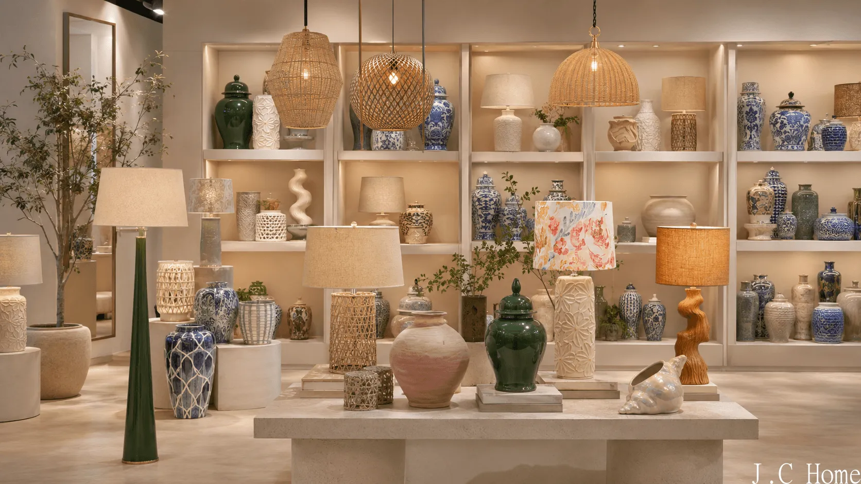 Trade home decor supplier showroom with table lamps, pendant lights, ceramic vases, ginger jars, and decorative home accessories.