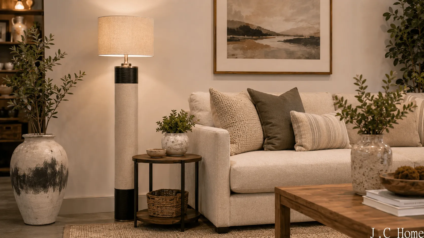 Living room floor lamp beside a sofa with ceramic vases and warm neutral home decor