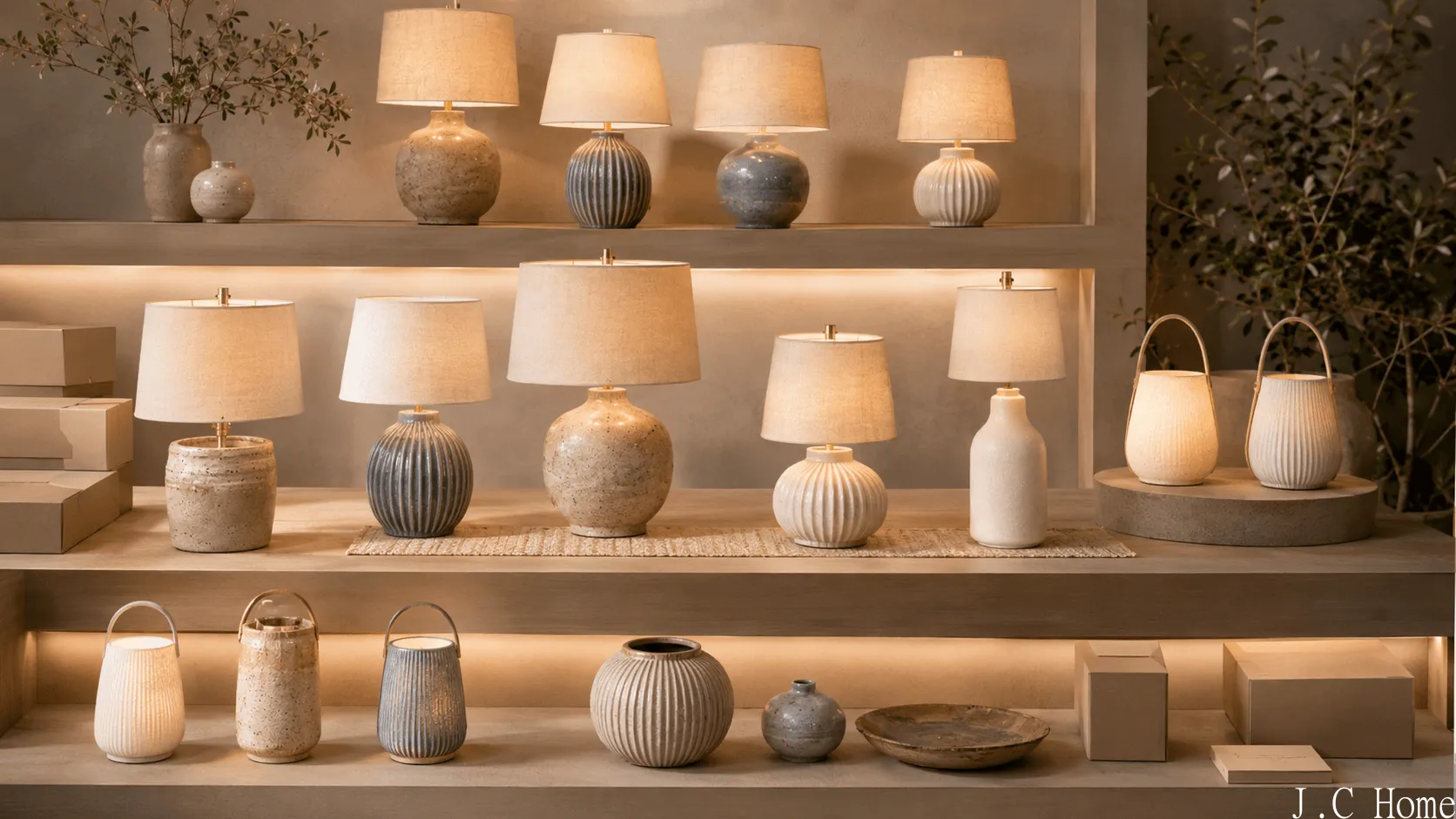 Retail-ready ceramic lighting collection arranged on showroom shelves with coordinated table lamps, rechargeable lamps, neutral shades, and simple packaging boxes