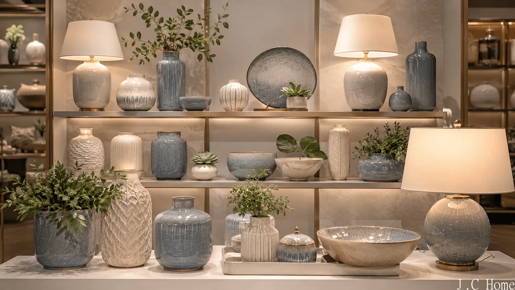 Retail-ready ceramic home decor collection with ceramic table lamps, matching vases, pots, bowls, and tabletop accessories displayed on modern showroom shelves