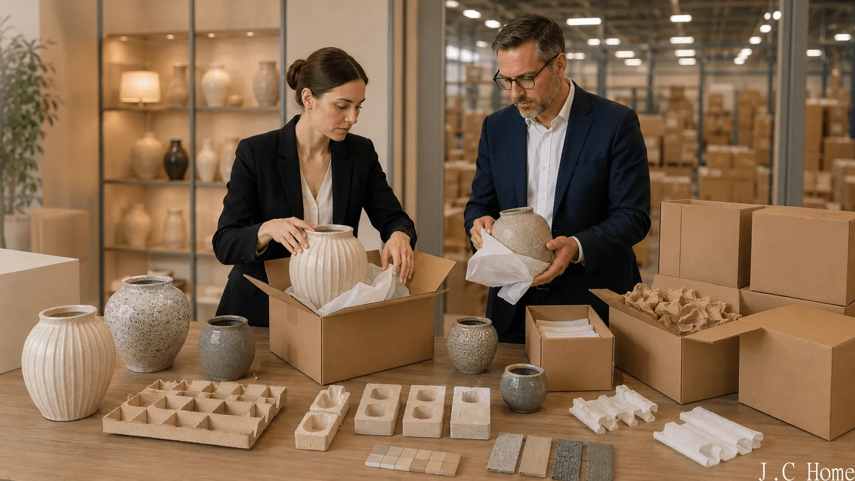 Fragile ceramic home decor products packed with protective inserts, cartons, labels, and export packaging samples on a workbench.