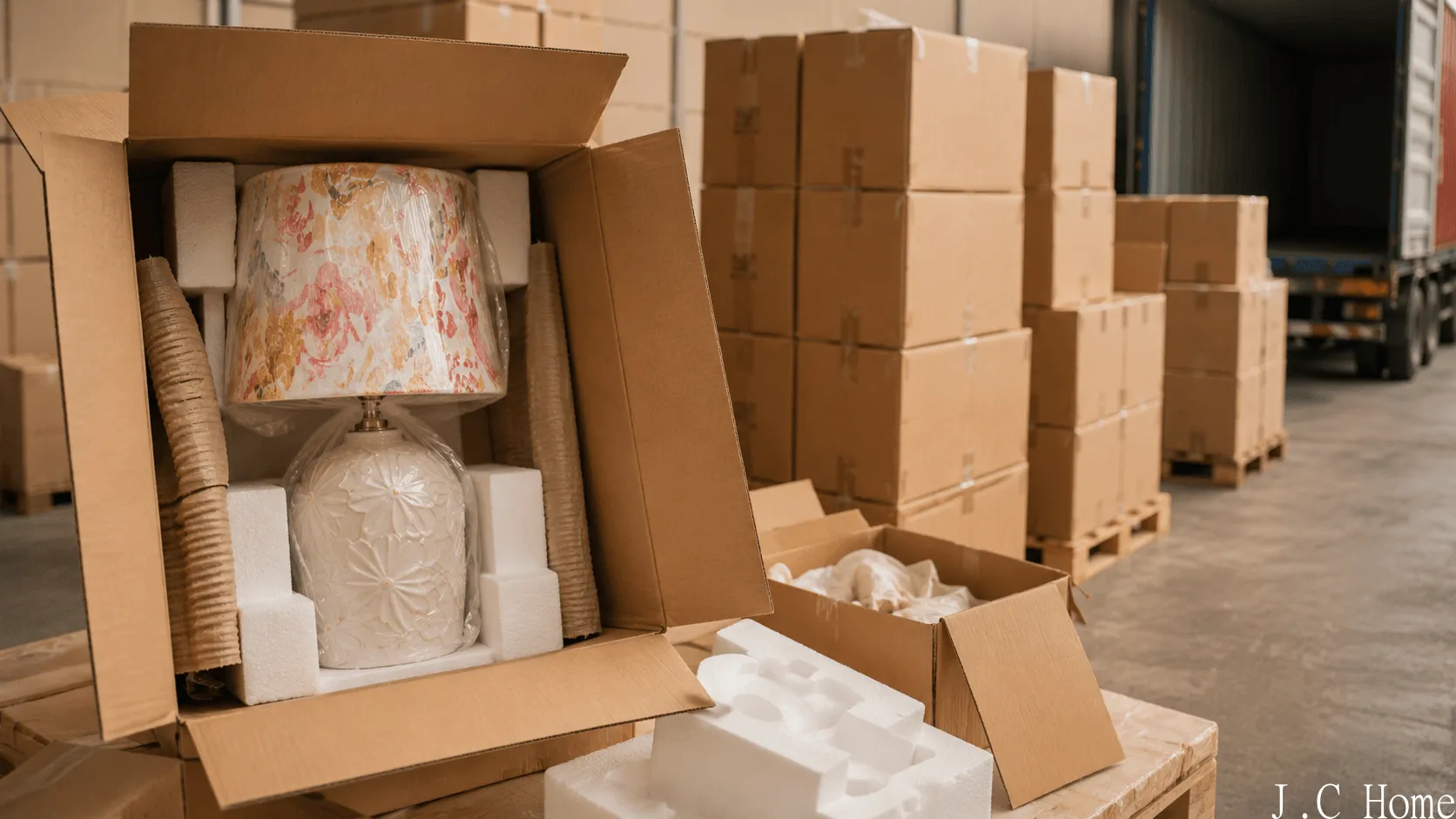 OEM home decor manufacturer using custom foam inserts and reinforced cardboard boxes to safely package a ceramic lamp for global shipping and container loading.