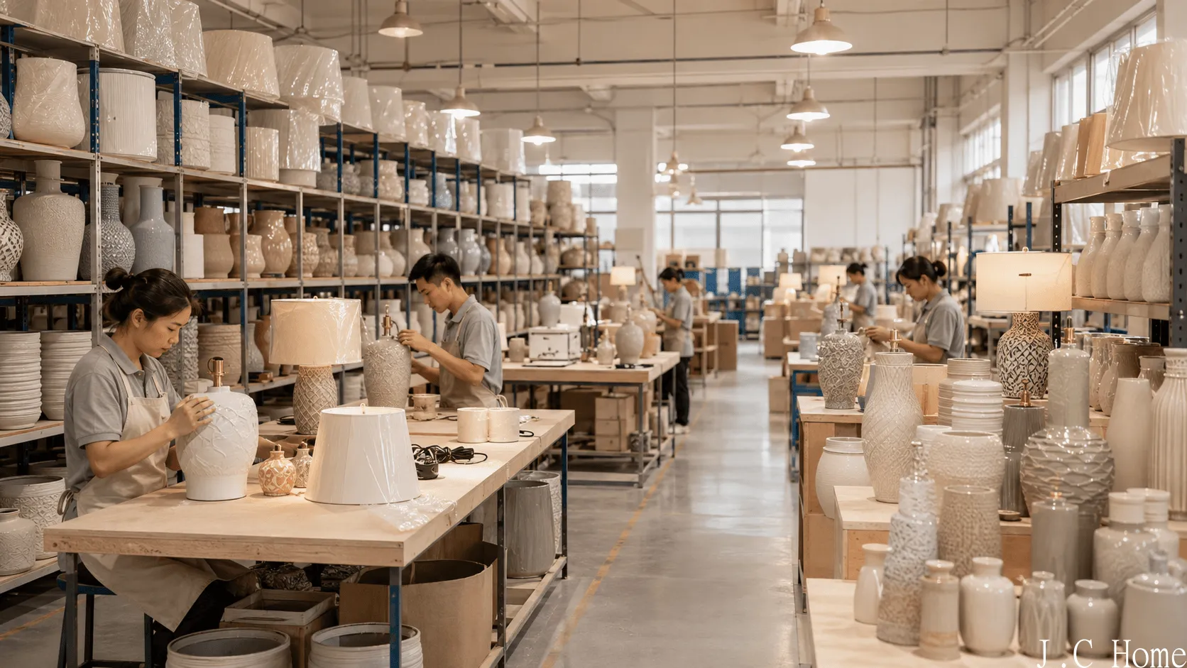 Inside the factory of a professional OEM home decor manufacturer, skilled workers are hand-assembling and finishing ceramic lamp bases and decorative vases on a clean production line.