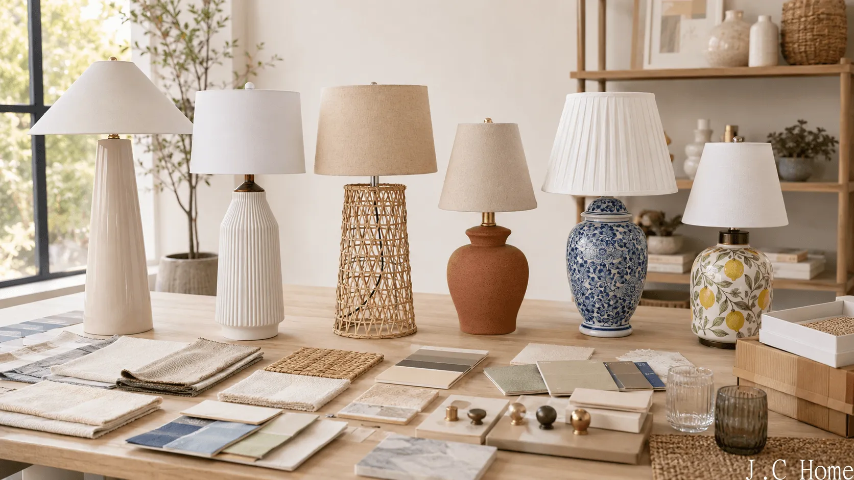 Ceramic, glass, wood, metal, and resin table lamp materials arranged for wholesale selection.