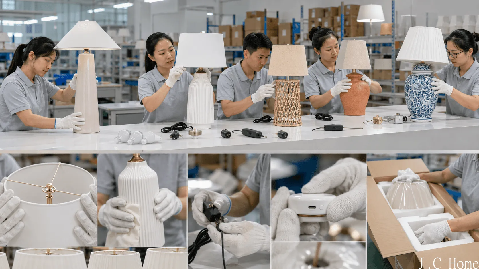 Table lamp quality control with inspection of finishes, switches, cables, LED parts, and packaging.
