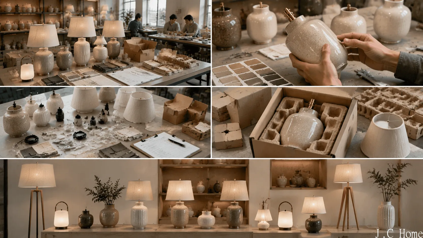 Wholesale lighting sourcing table with ceramic lamps, lampshades, electrical components, packaging materials, and inspection tools