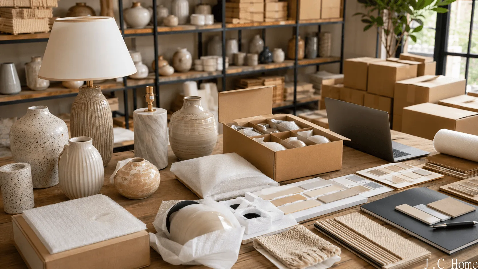 A professional packaging and assortment planning workspace for wholesale ceramic home decor and lighting products.