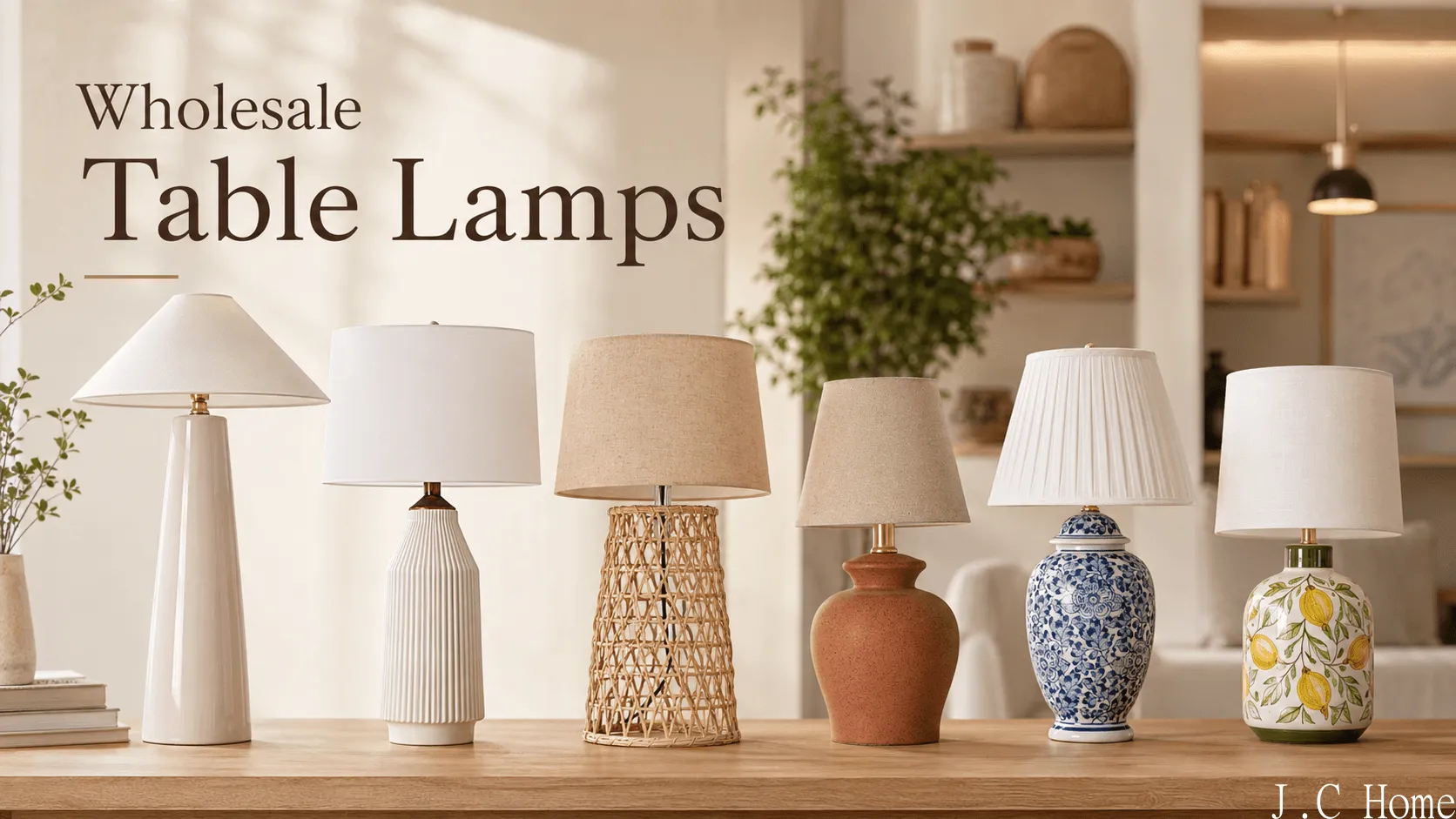 Wholesale table lamps displayed in a modern showroom for retail, hotel, and interior design buyers.