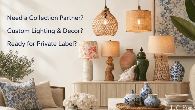 Quality home decor display featuring fabric lamps, wood lamps, and porcelain vases, highlighting the services of a reliable OEM home decor manufacturer for private label brands.