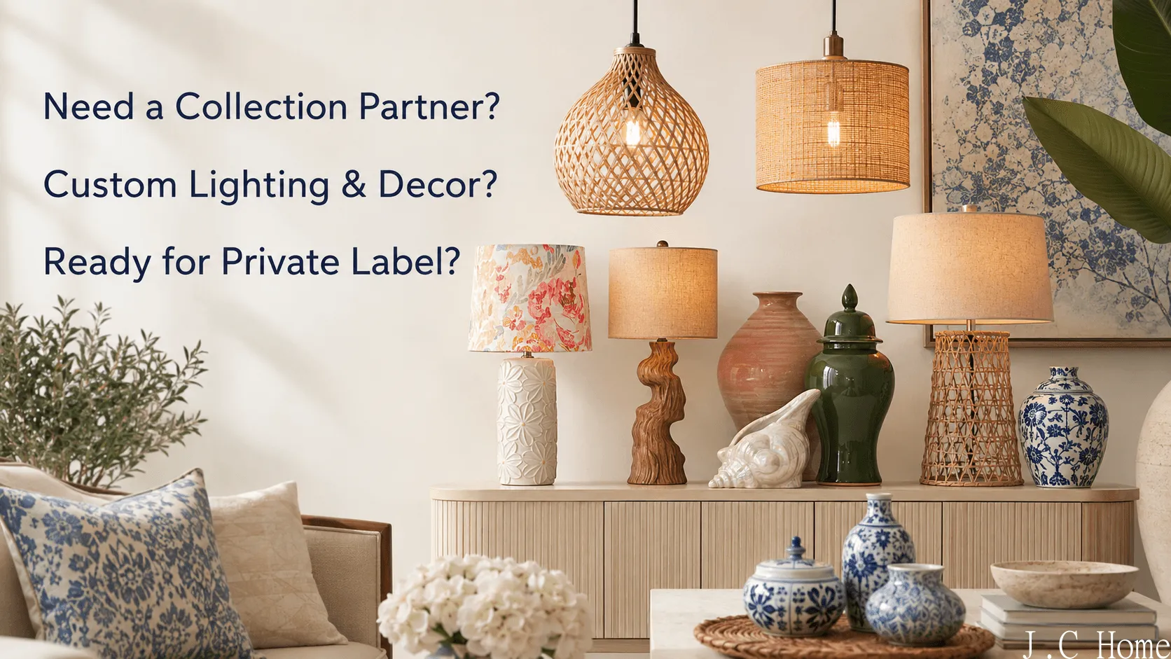 Quality home decor display featuring fabric lamps, wood lamps, and porcelain vases, highlighting the services of a reliable OEM home decor manufacturer for private label brands.