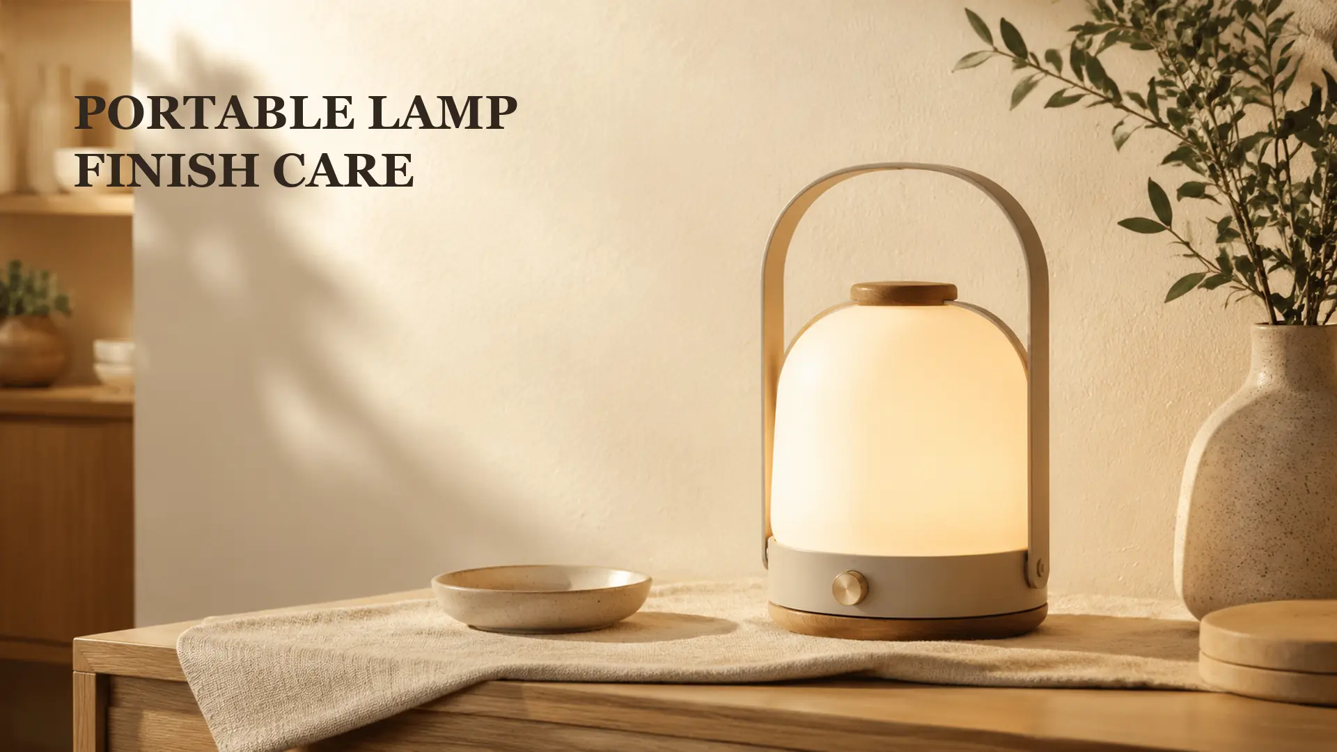 Portable rechargeable lamp in a warm decor setting for finish care guidance