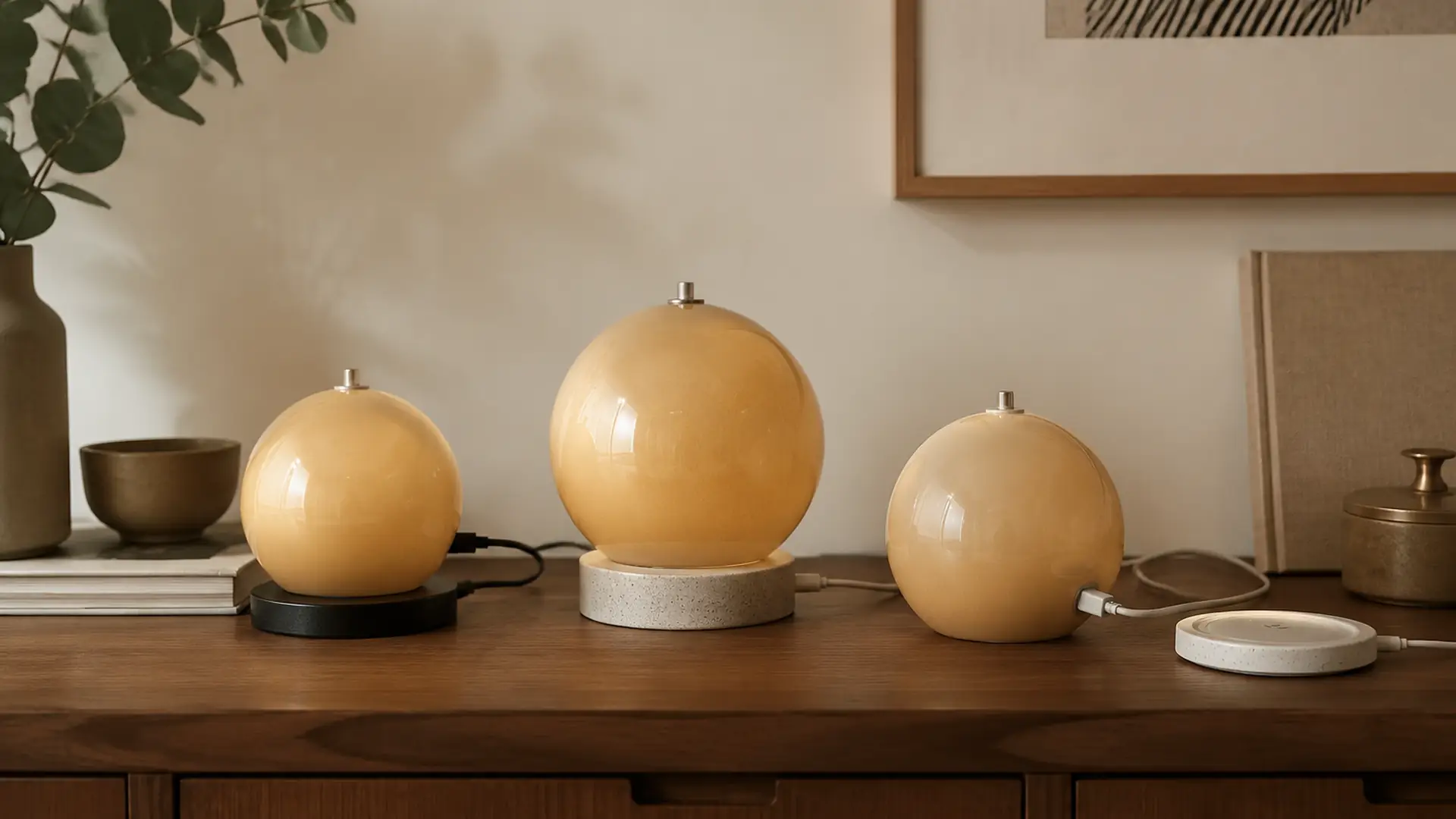 Rechargeable lamp charging options shown in a warm retail collection scene