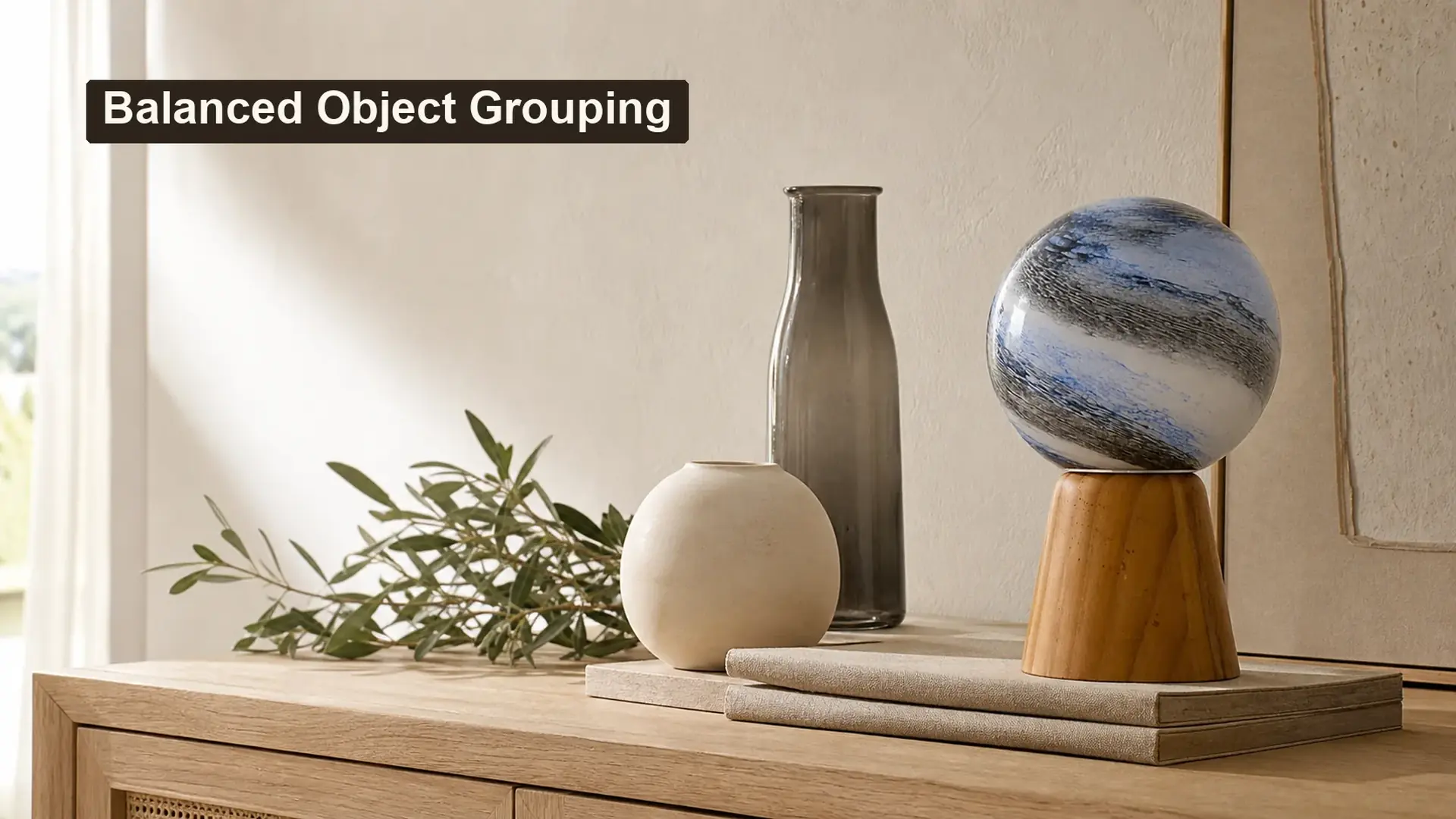 Balanced decorative object grouping on a warm light oak console