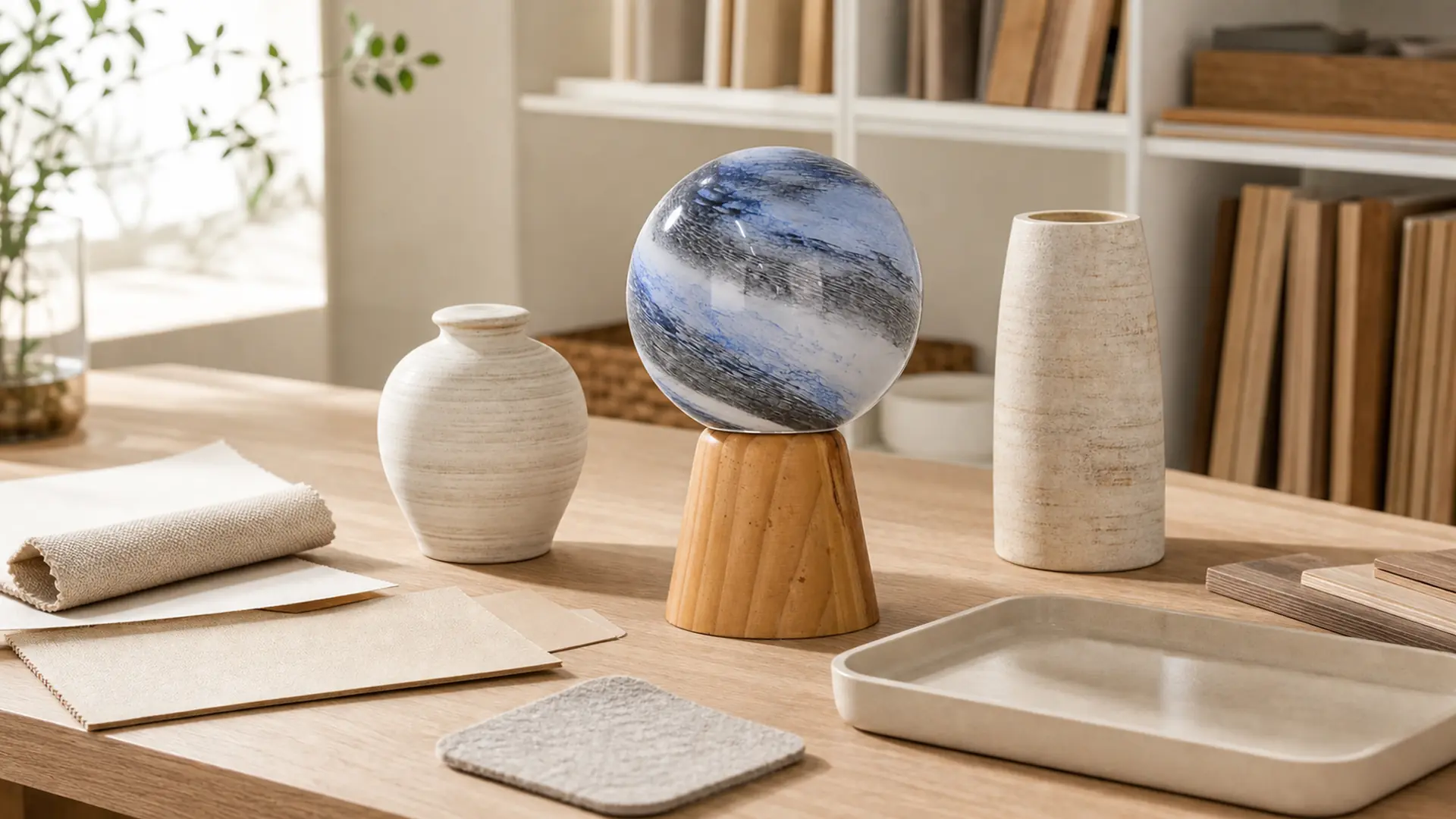 Retail assortment review with a balanced decorative object group and blank material samples