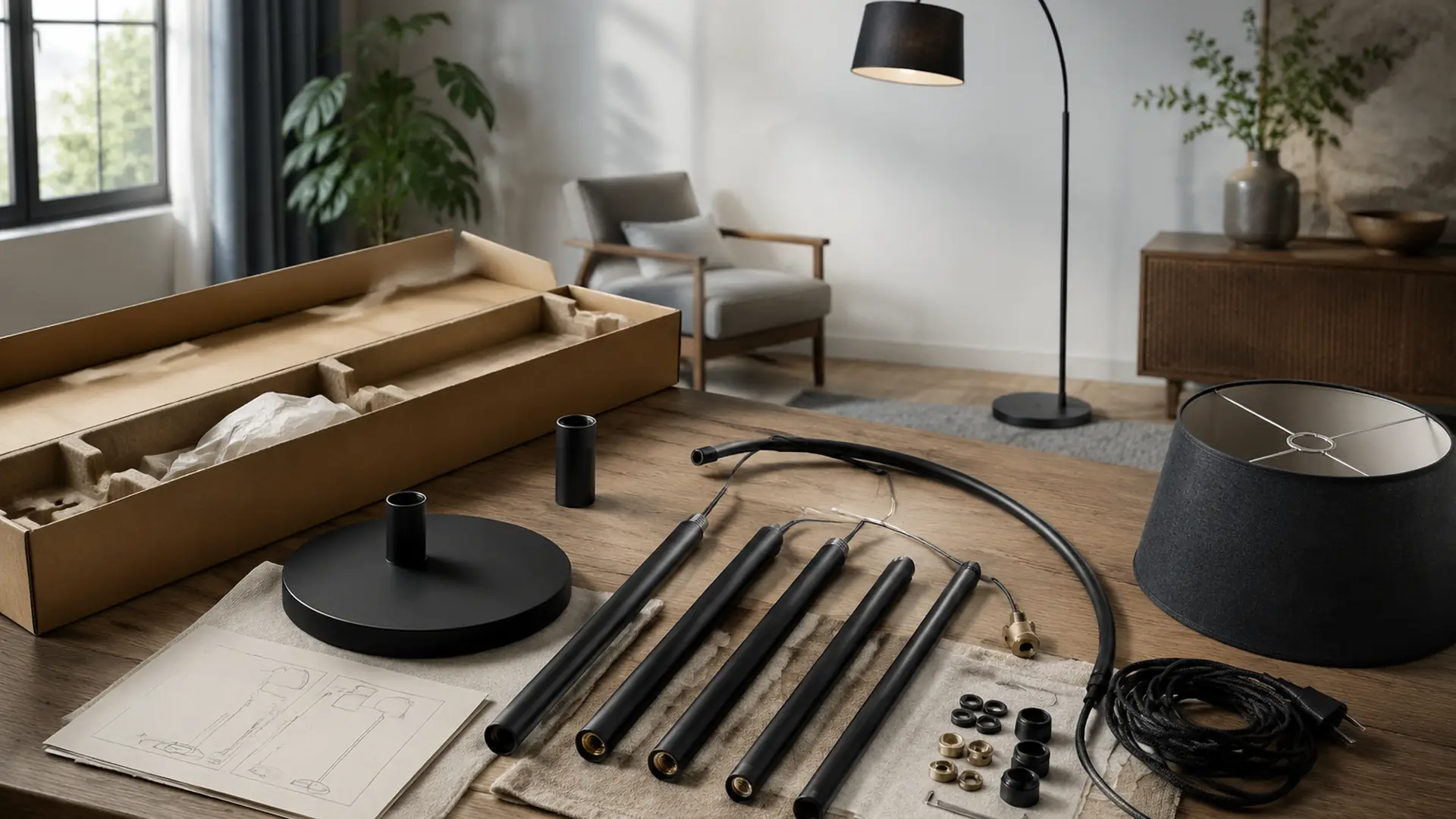 knock-down floor lamp construction in a distinct application scene
