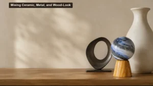 Mixing Ceramic, Metal, and Wood-Look Tabletop Accessories cover editorial scene