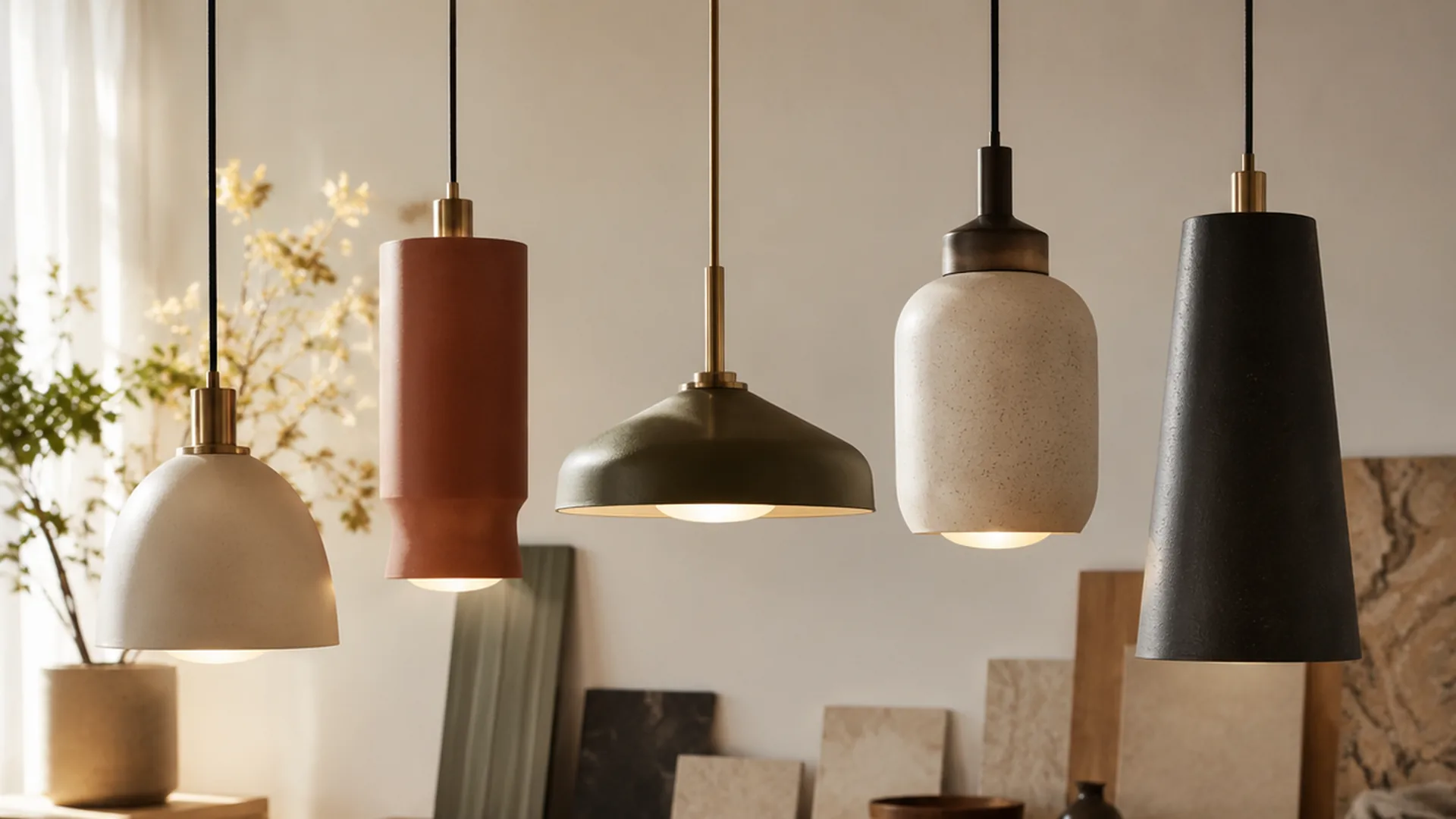 Pendant lighting collection samples and material review for kitchen island planning