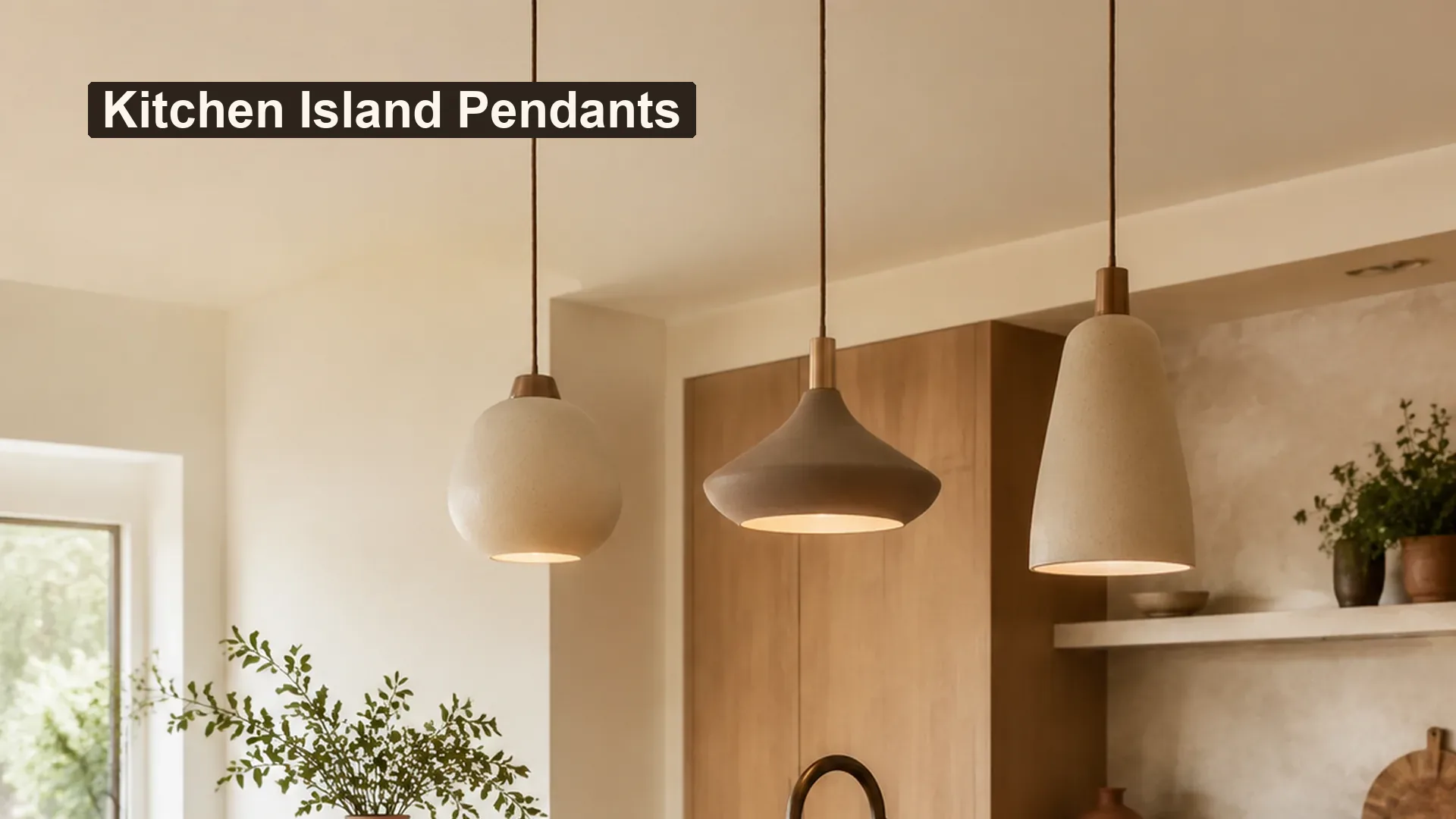Warm kitchen island with three coordinated decorative pendant lights