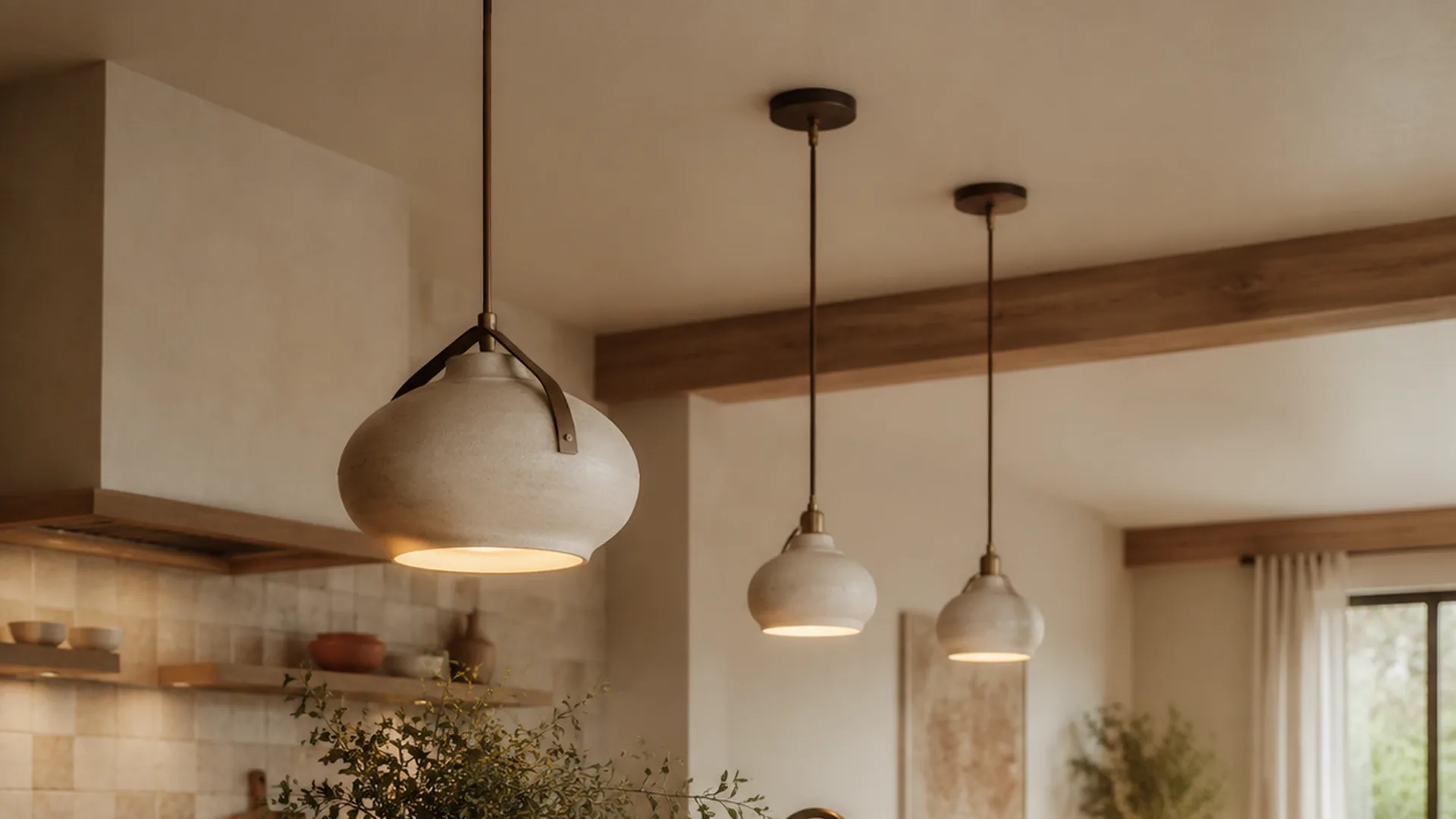 Kitchen island with a single focal pendant and coordinated grouped pendants