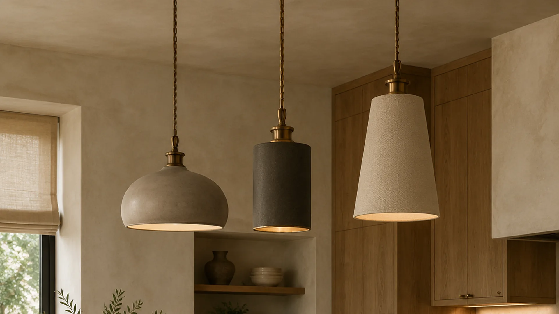 Decorative pendant shapes coordinated with kitchen cabinetry and countertop materials