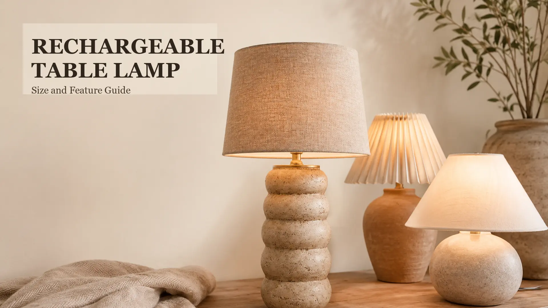Warm table lamp collection scene for a rechargeable table lamp size guide