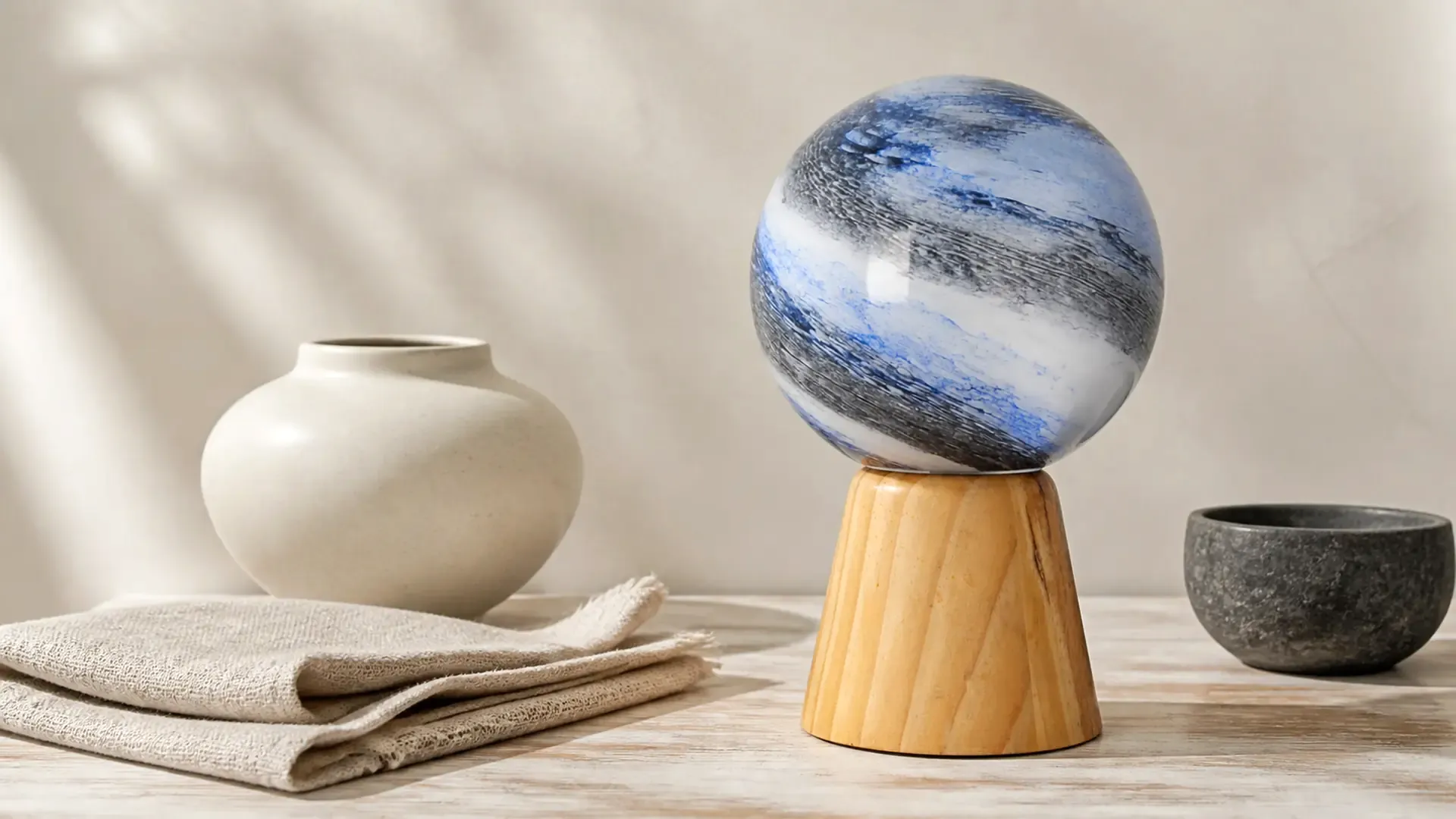 Sculptural tabletop accessory used as an entryway console anchor