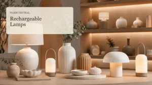 Warm neutral rechargeable lamps with ceramic decor in a softly lit interior display