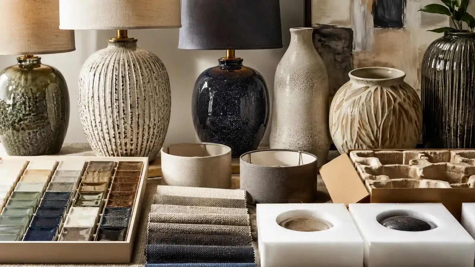 Ceramic lamp finishes, fabric swatches, and decor material samples in warm neutral tones