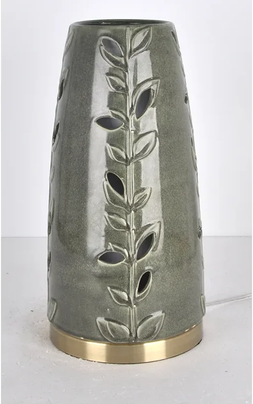 Green leaf-pattern rechargeable lamp with a gold-tone base